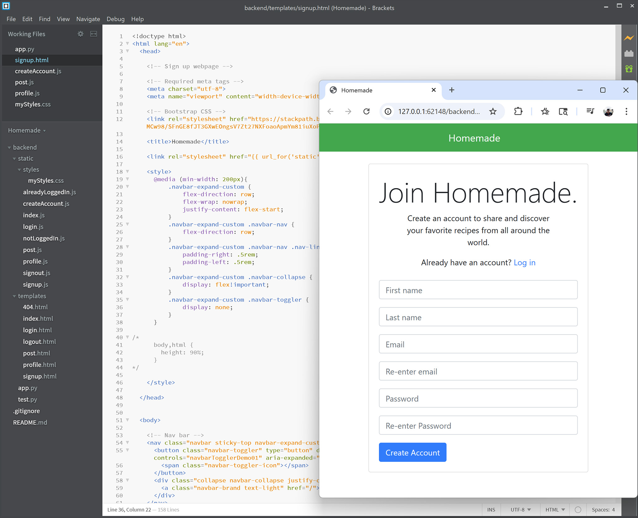 A screenshot of Adobe Brackets with a browser window in front showing a preview of an account creation page