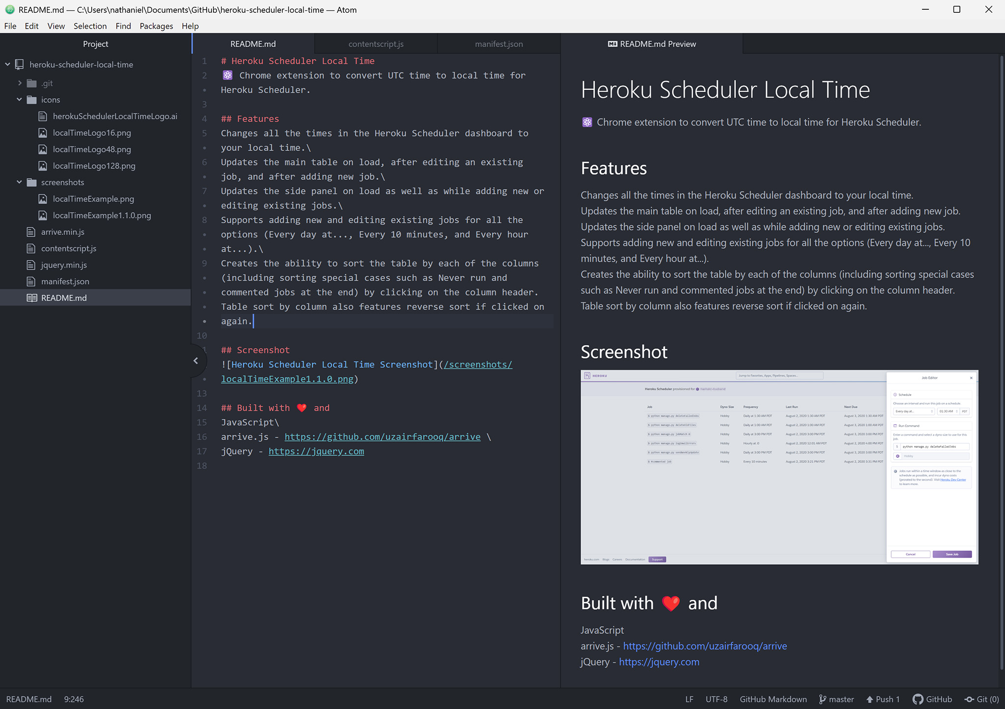 A screenshot of Atom displaying a README.md Markdown file and its preview