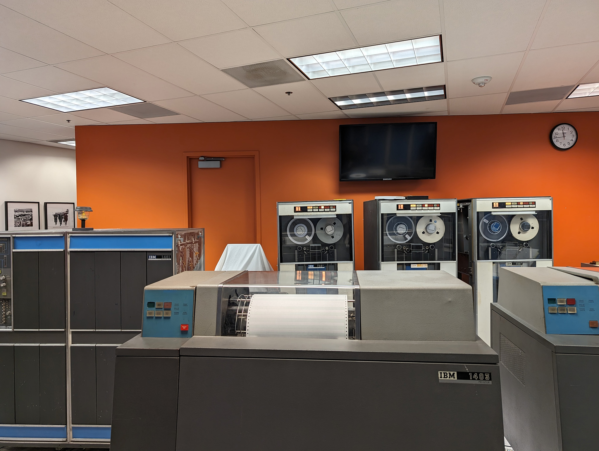 The IBM 1403 printer and the IBM 1401 computer in the background at the Computer History Museum in Mountain View, CA