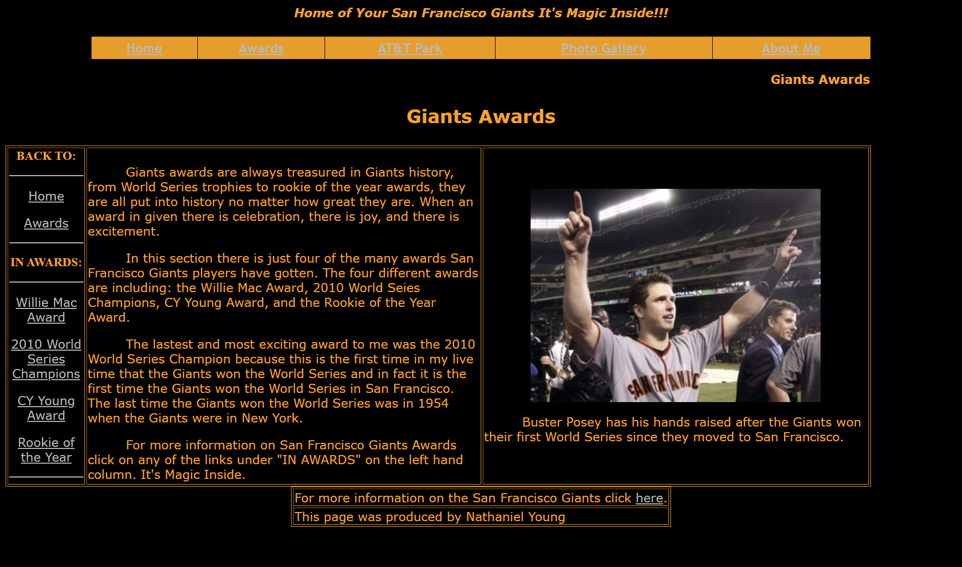 A screenshot of the "awards" page on my first website featuring the San Francisco Giants