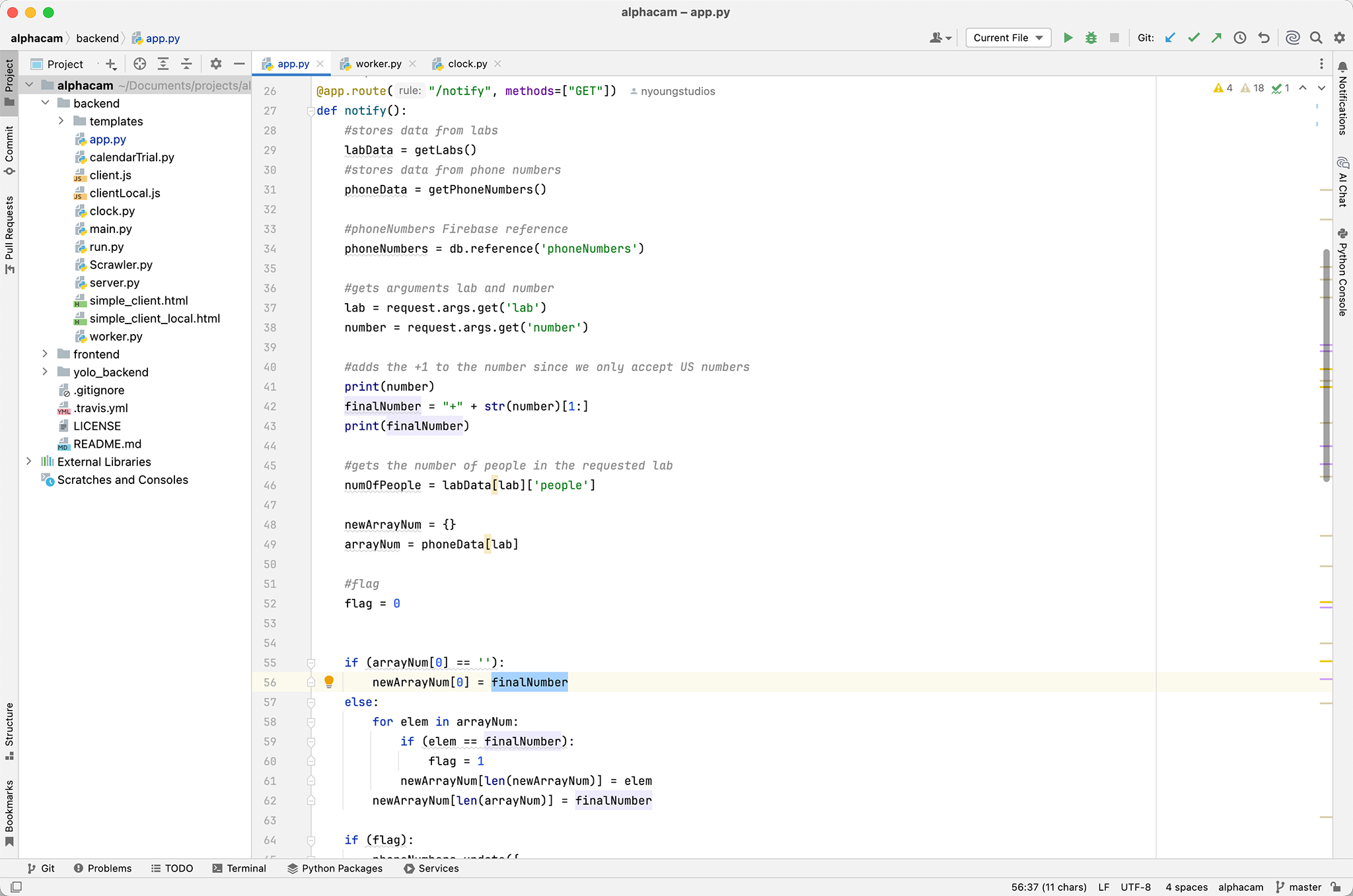 A screenshot of PyCharm with code from Python Flask app
