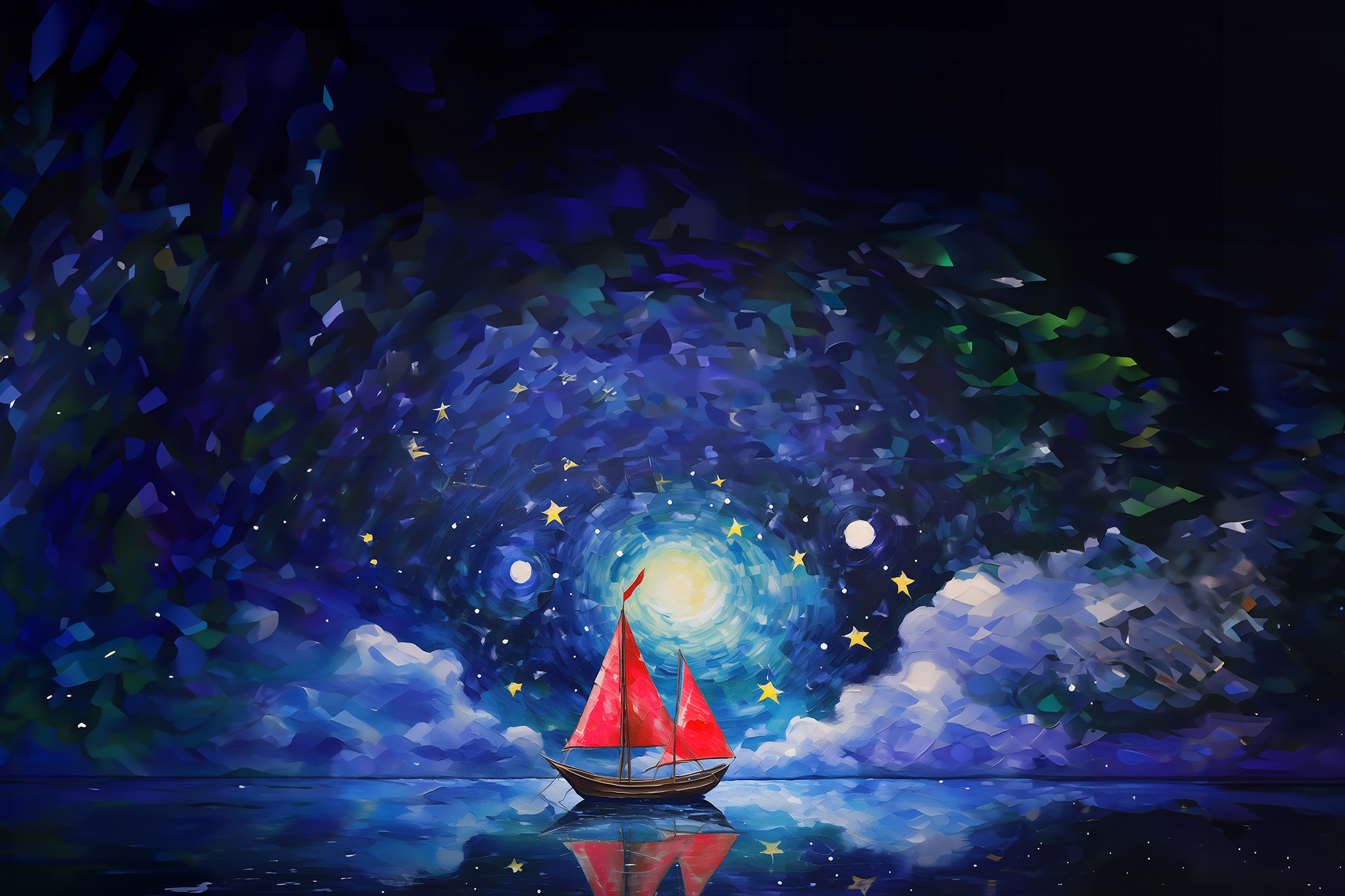 A small sailboat with two red triangle flags in a vast ocean with the stars and reflection in the water.
